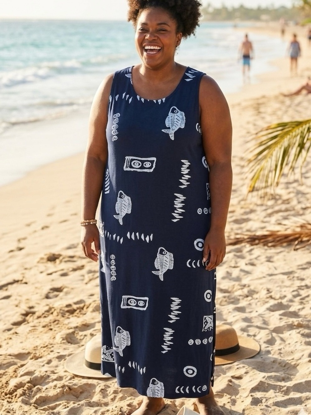 Vintage 90’s 100% Cotton Exist Dark Navy Fish-Print Sleeveless Beach Coverup